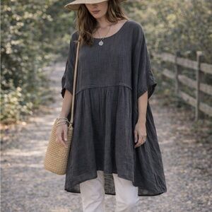 Cobblestone Stone Italian Linen Blend Oversized Tunic OS Lagenlook Boho Gray